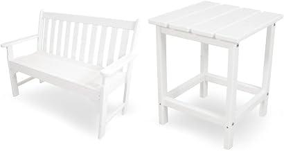 POLYWOOD GNB48WH Vineyard 48" Bench, White & ECT18WH Long Island 18" Side Table, White