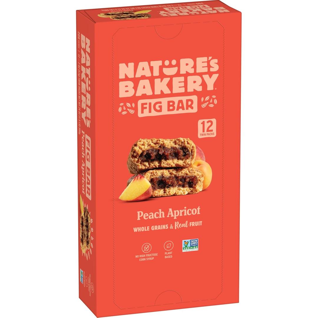 Natures Bakery Whole Wheat Fig Bars, Peach Apricot, Real Fruit, Vegan, Non-GMO, Snack bar, 1 box with 12 twin packs (12 twin packs), BBD 05/09/26