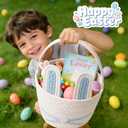Easter Basket, Woven Easter Bunny Basket with Handle, Empty Gift Baskets Easter Egg Hunt Basket, First Easter Basket Easter Bucket with Detachable Ears for Girls Boys Teens (Blue White)