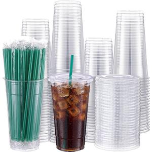 Nuogo 100 Set 32oz Clear PET Plastic Cups with Flat Lids,Green