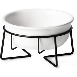 Ceramic Raised Cat Dishes or Small Dog Bowl with Metal Stand 12 oz, Pet Food or Water Bowls, White