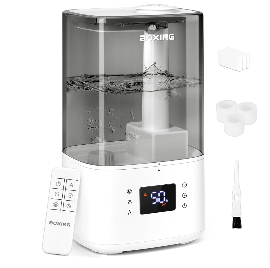 BOXING 6L Warm & Cool Mist Humidifiers for Bedroom, Air Humidfier for Large Room with Remote Control, Auto Mode Perfect for Baby & Plants, Top Fill, Sleep Mode, Timer, Essential Oil Tray, 60H
