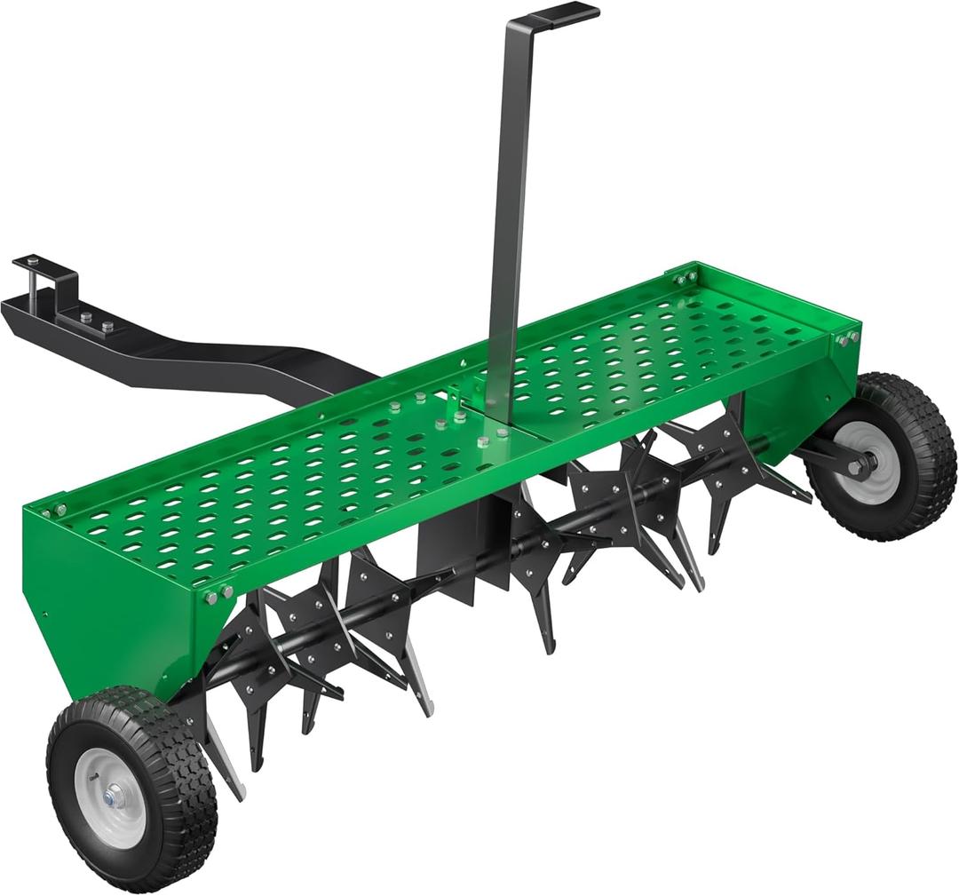 48" Plug Aerator Tow Behind, Lawn Aerator Tow Behind with Universal Hich, Green Painted Galvanized Steel with Tray and Inflatable Wheels, Pull Behind Aerator for Garden, Farm and Lawn