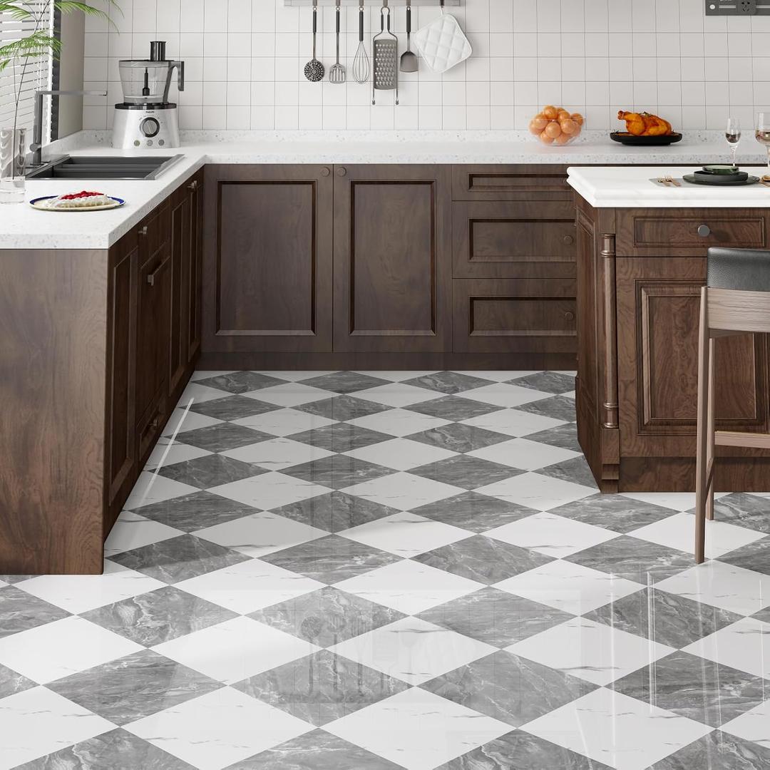 40-Pack Peel and Stick Tile Vinyl Floor Glossy 12 x 12, Self Adhesive Waterproof Flooring Planks for Kitchen, Dining Room, Bedrooms, Cover 40 Sq. Ft, Dark Grey&White Marble (20 per Color)