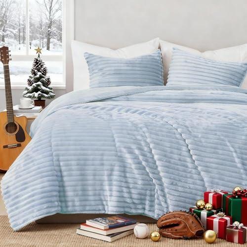 Geniospin Fleece Twin Comforter Set, Soft Fuzzy Twin Bedding Sets, 2-Pieces Blue Comforter Set for All Season, Warm Fluffy Comforter with 1 Pillow Case