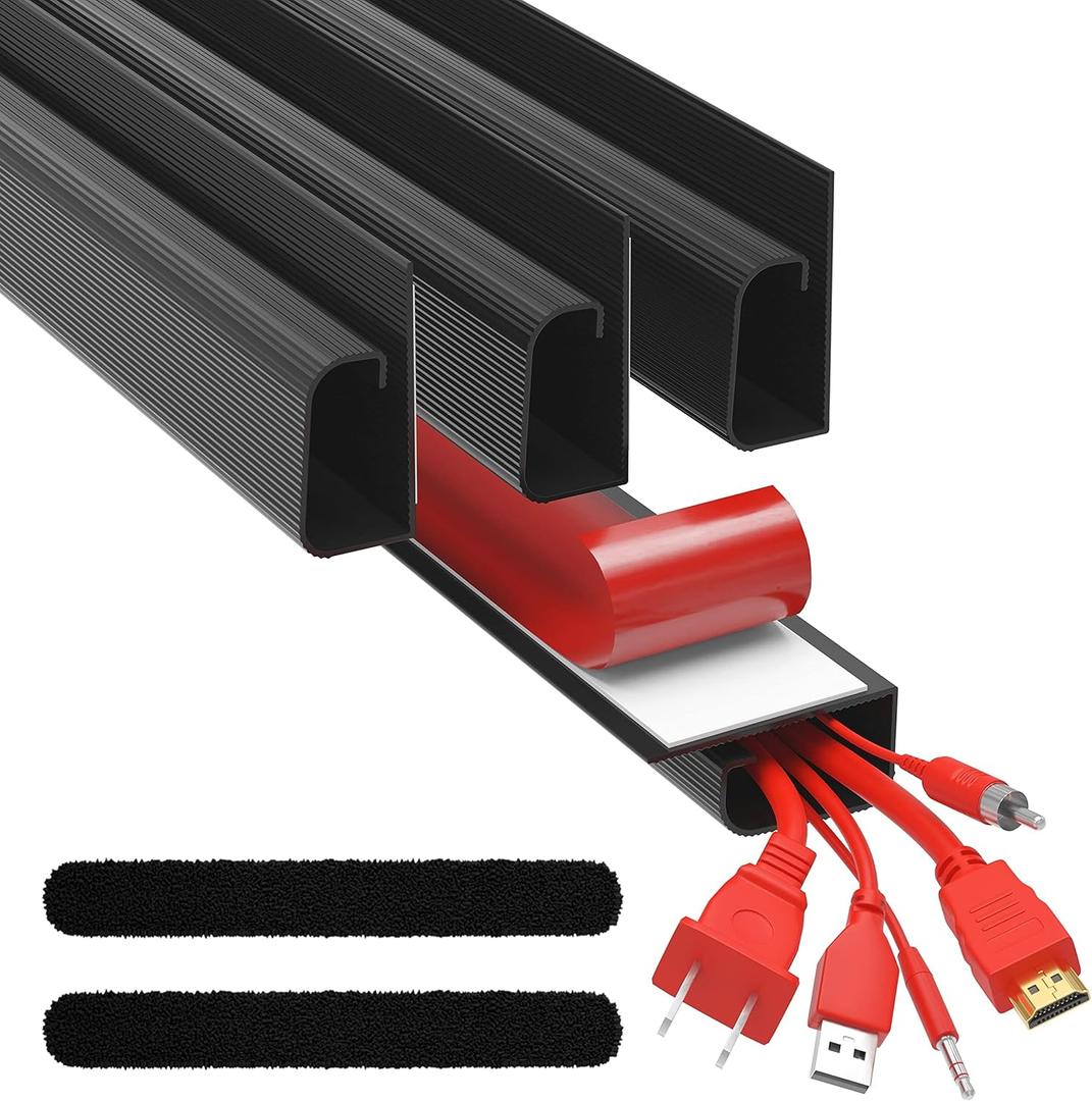 3 Pack Cable Management Under Desk- J Channel Cable Raceway 96in - 6X 16in Black No Screw/No Drill Cord Organizer - Cable Channels for Wire Management Under Desk with Adhesive