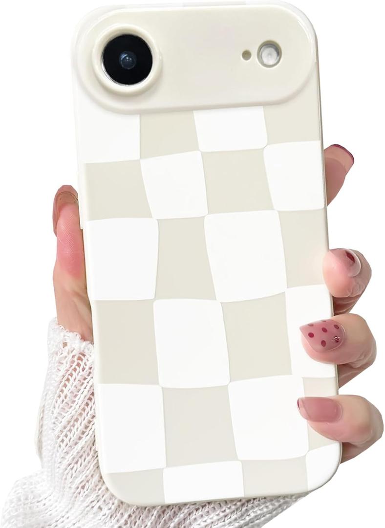 NITITOP Compatible for iPhone 17 Air Case Cute Aesthetic Checkerboard Larger Blocks Pattern for Women Girl Trendy Slim Fit TPU Silicone Shockproof Full Camera Protection Cover - White
