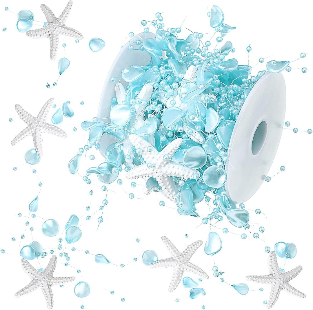 16 ft Ocean Themed Garland Ocean Beaded Starfish Shell Decor Coastal Beaded Beach Garland for Mantle Fireplace Summer Wedding Home Decor Supply (Blue)