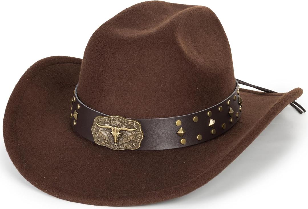 INOGIH Classic Black Western Felt Roll-Up-Brim Cowboy-Hat for Women Men - Bling Cowgirl-Hat Felt Fedora for Disco Parties (Brown)