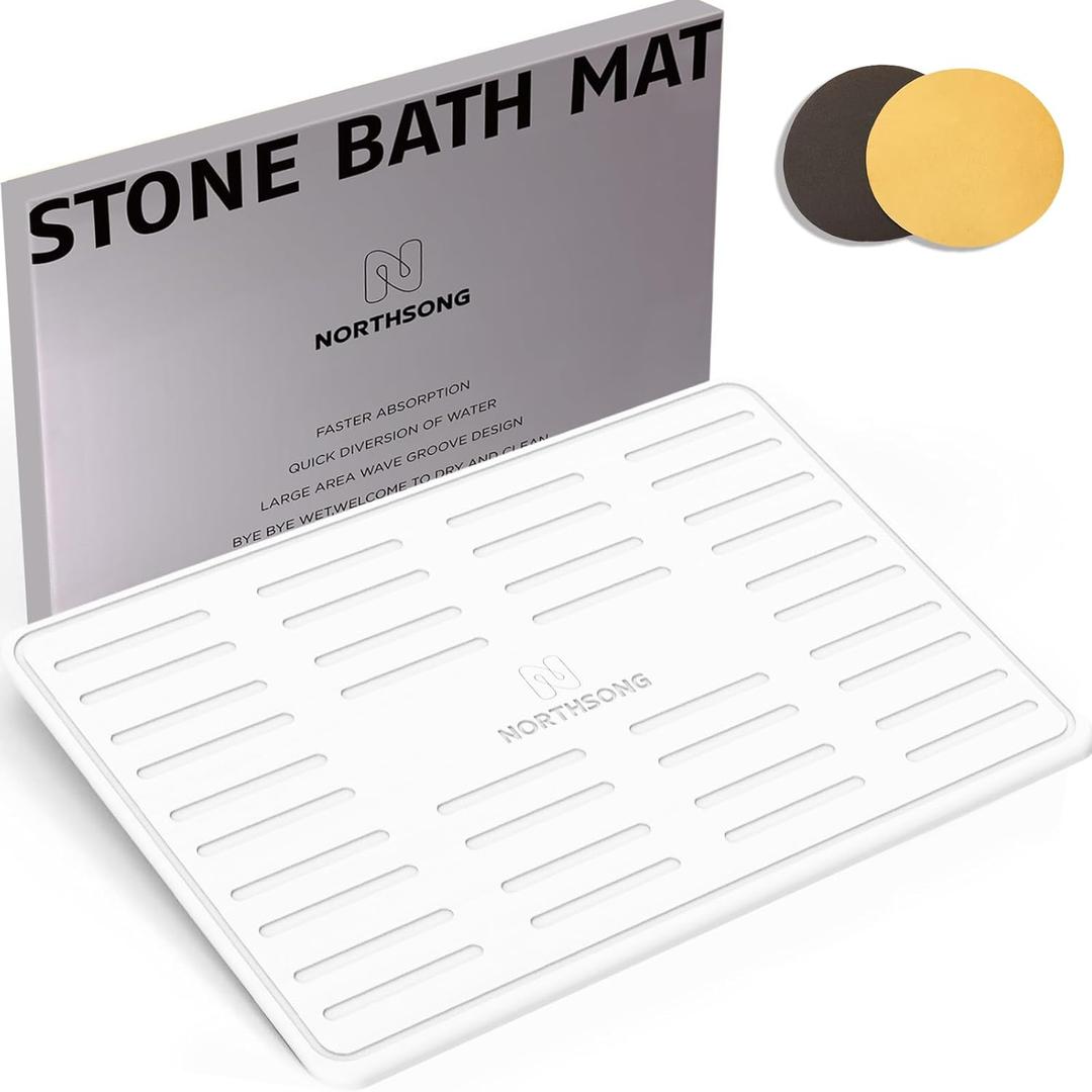 N NORTHSONG Large Diatomite Earth Bath Mat, Stone Bath Mat, Washable Rugs, Bathtub Mat -Rapid Water Absorption, Quick-Drying, Non-Slip for Bathroom and Kitchen-White