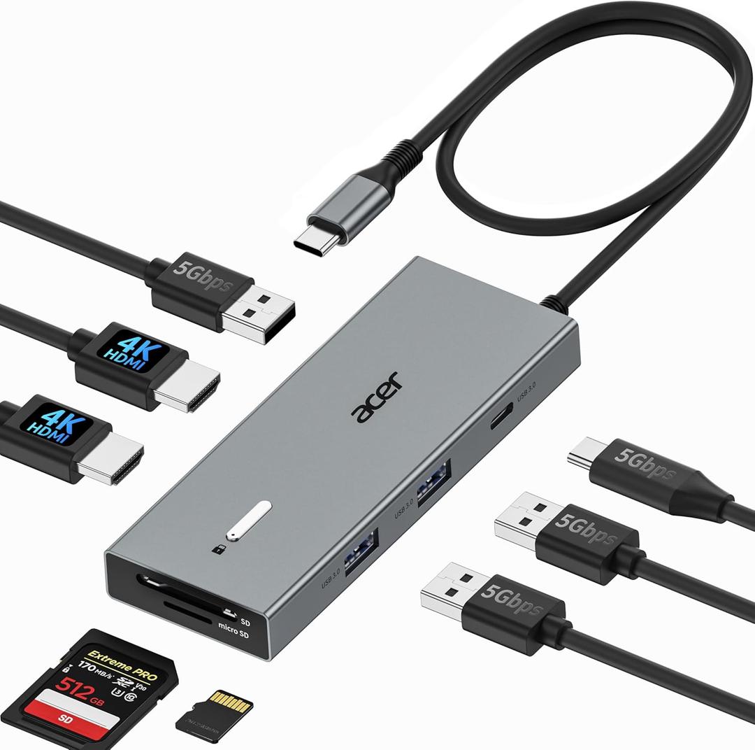 Acer USB C Docking Station Dual Monitor with 2 HDMI, 9-in-1 Laptop Docking Station with 4K@60Hz HDMI, USB A&C 3.0, SD/Micro SD, 100W PD, USB C Dock with Long Cable (60cm)