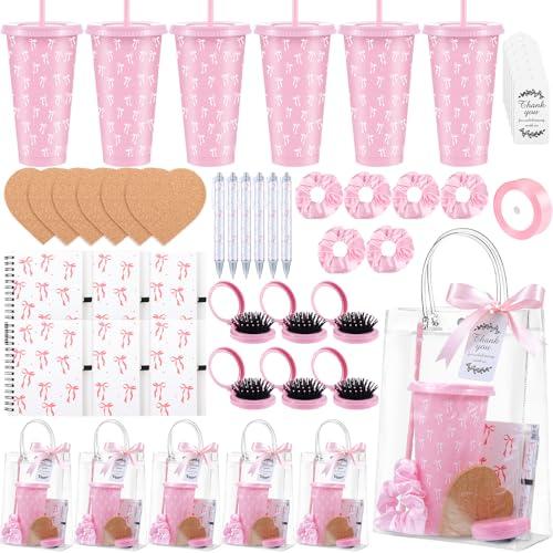 49 Pcs Baby Shower Prizes for Game Winners including Plastic Tumbler Notebook Pen Heart Coaster Hair Band Mini Mirror Brush Gift Bags for Wedding Bridal Baby Shower Favors (Pink Bow)