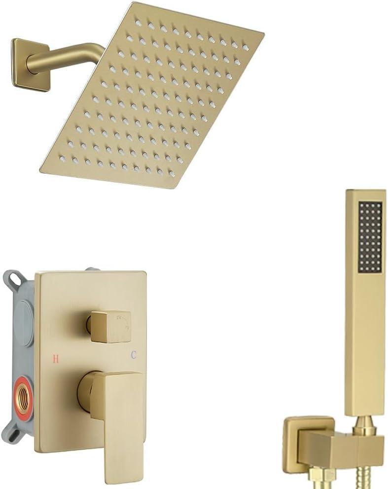 Brushed Gold Shower System 8 Inch Bathroom Luxury Rain Mixer Shower Combo Set Wall Mounted Rainfall Shower Head and Handheld System Shower Faucet Set Rough-in Valve Body and Trim Kit