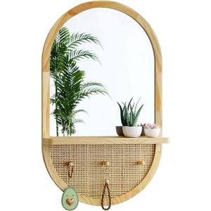 Entryway Mirror with Hooks, 30x18 Inch Boho Wall Mirror with Removable Shelf, Oval Solid Wood Framed, Handmade Rattan Wall Mirror for Over Sink, Bathroom, Bedroom, Living Room, Hallway, Vanity