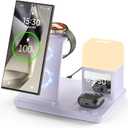 Wireless Charger for Samsung/Android, 6 in 1 Phone Nightstand Charging Station Charger with Alarm Clock/Night Light for Samsung S25/S24/S23 Ultra/Buds3 Pro,Watch Charger for Galaxy Watch 8/7/6-Purple