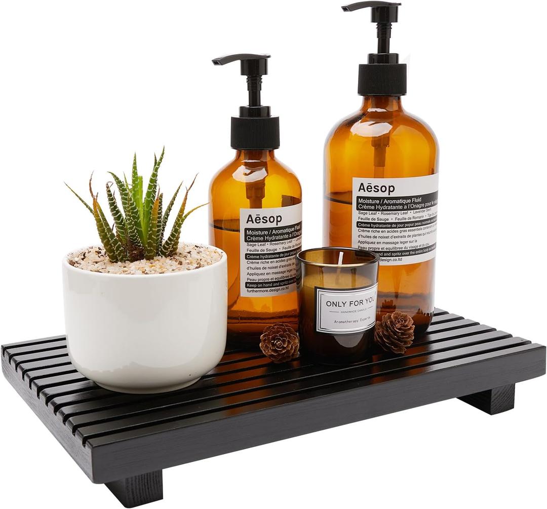 Renawe Black Bathroom Counter Tray Organizer Wood Riser Stand Kitchen Countertop Trays Wooden Pedesta Display Dish Soap Dispenser Holder for Bathroom Decor Sink Accessories Vanity Tray (12x6.7 inch)