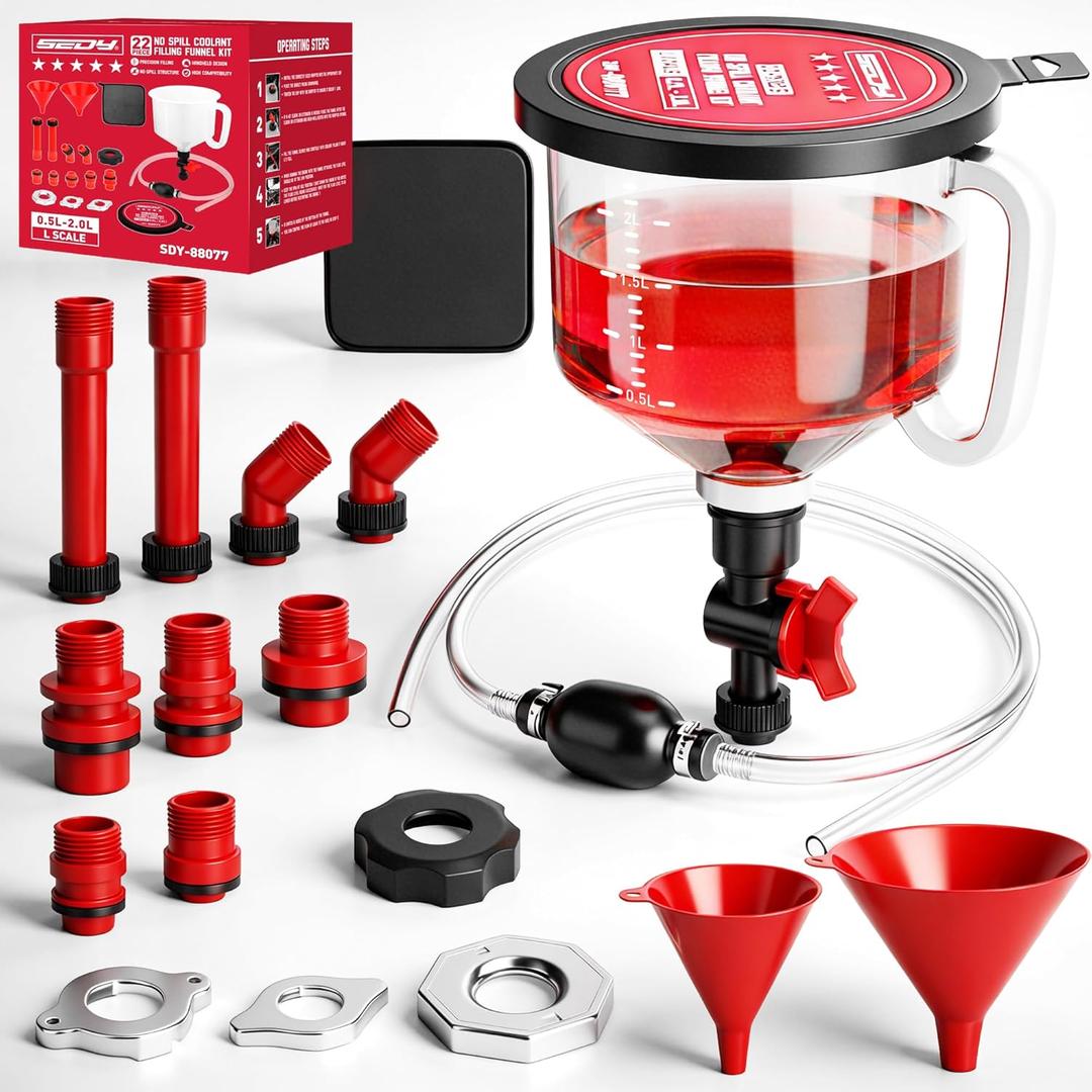 22-Piece No-Spill Coolant Filling Funnel Kit and Siphon Hose Pump, Radiator Coolant Filling Spill-Proof Funnel Kit with Adapters, Extensions, PVC Hose, Engine Oil Funnels, Towel for Universal Vehicle