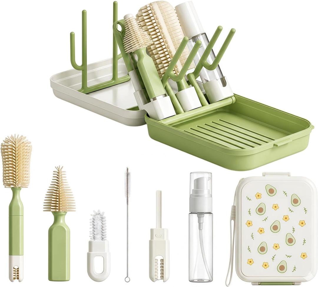 8-in-1 Baby Bottle Cleaning Kit with Drying Rack & Storage Case, Portable Silicone Bottle Brush Set for Bottles, Nipples & Straws, Travel Baby EssentialsGreen