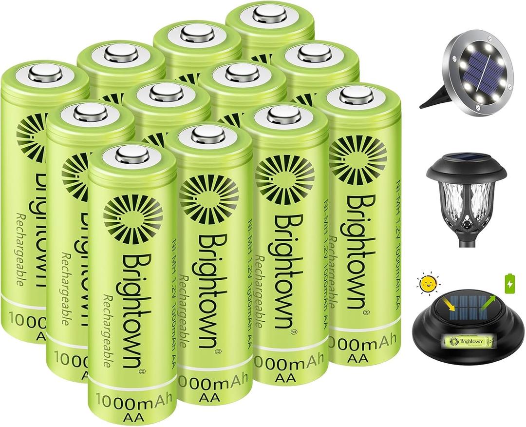 Brightown 12-Pack Rechargeable AA Batteries - 1000mAh 1.2V NiMH High Capacity Batteries - Ideal for Solar Lights & Home Devices, Recharge up to 1000x Times, Pre-Charged