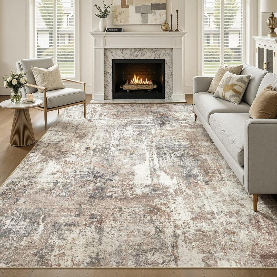 10x12 Area Rug Washable Large Neutral Modern Living Room Rug