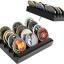 Challenge Coin Holder Display Case 4 Row Solid Wood Military Coin Rack Small Army Coin Stand Holds 12 Coins, Black Finish
