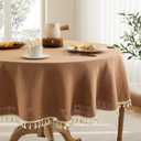 Linen Tablecloth with Tassels, Farmhouse Style Brown Tablecloth, Water Resistant Burlap Tablecloths for Round Table, 52 Inch Round Caramel