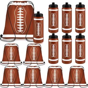 Denylo pro 12 Pcs Football Water Bottle with Football Drawstring Bag Set Plastic Brown Water Bottles for Rugby Player Sport Gym Party Favor