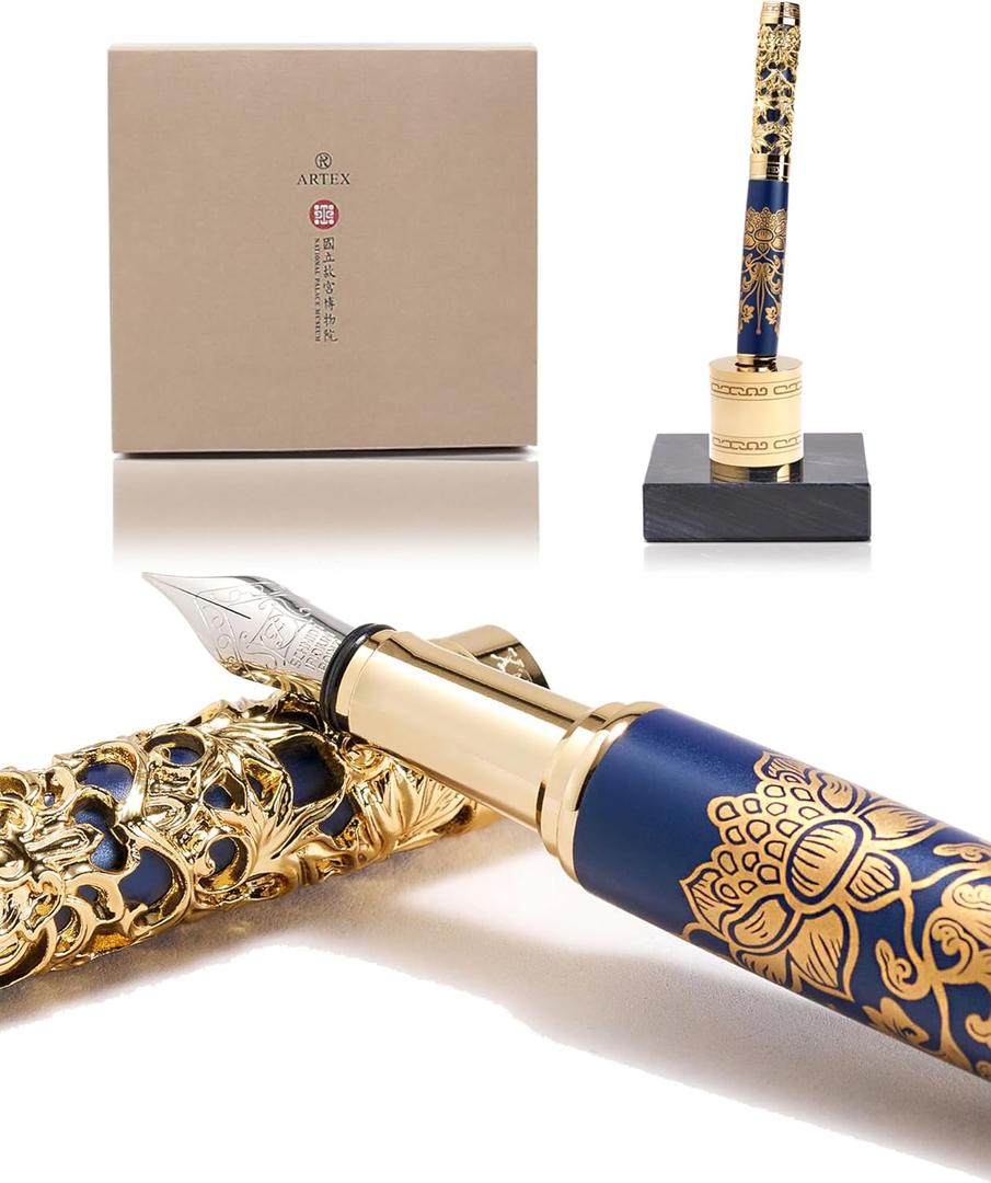 Luxury Fountain Pen Set With Stand - Museum Art Collections - Crafting Timeless Beauty - the Best Gift & Office Desk Decor, German SCHMIDT Fine Nib, Solid Metal & Marble Texture (Blue & Gold)