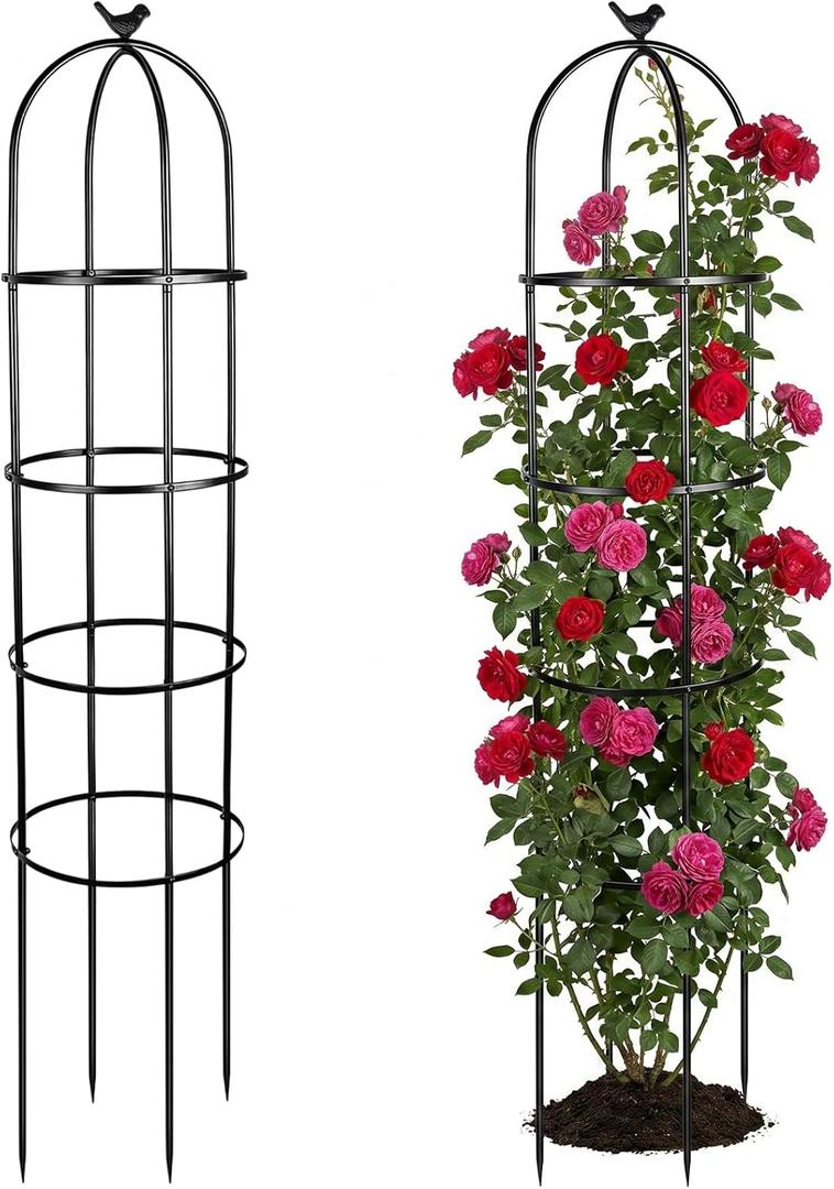 2 Pack 6 Ft Heavy Duty Metal Garden Obelisk Trellis for Climbing Plants, RustResistant Black Steel Vine Support for Rose Clematis Jasmine, Potted Flower Stand Indoor & Outdoor Decor (Bird)