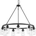 9-Light 32" Modern Farmhouse Chandeliers for Dining Room,Wagon Wheel Black Chandelier,Adjustable Height Hanging Round Pendant Lights for Kitchen Island Clear Glass Shade Ceiling Light fixtures