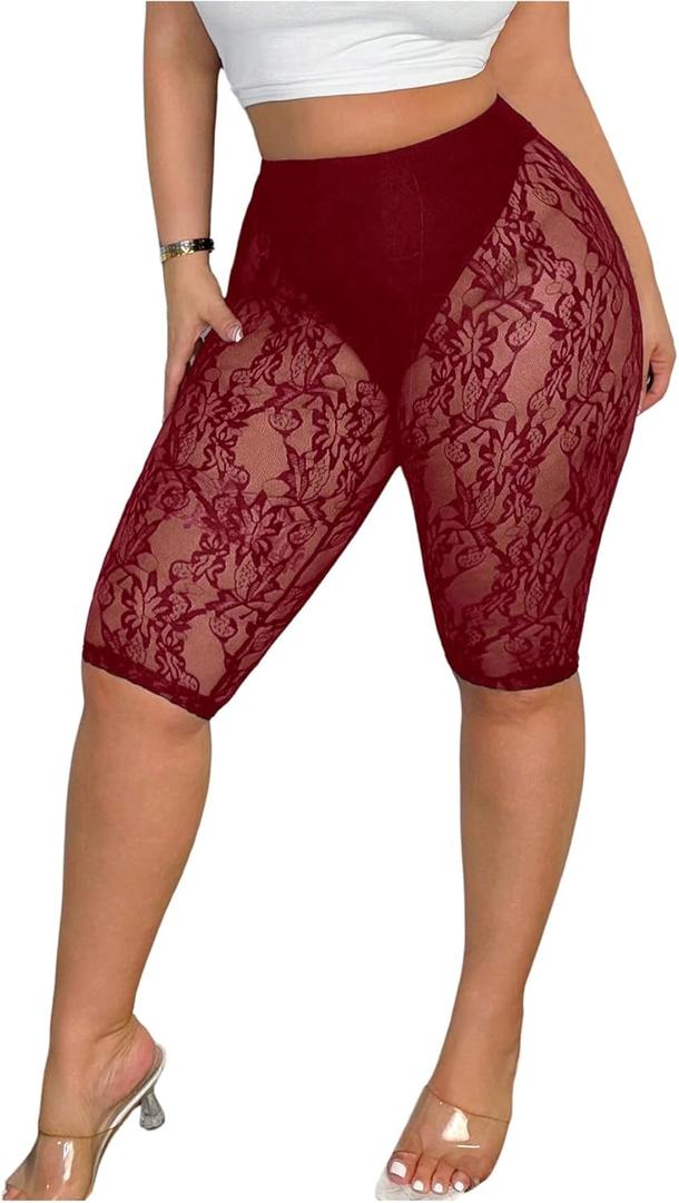 Women's Plus Size Floral Lace High Waisted Shorts Sheer Mesh Casual Leggings (X-Large Plus, Red)