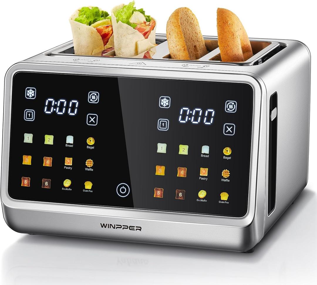 4 Slice Touchscreen Toaster, Digital Display | Stainless Steel, Extra Wide Slots, 6 Shade Settings, Defrost Reheat Cancel Functions, Removable Crumb Tray, Bagel & Bread