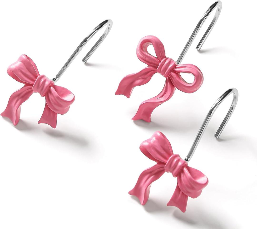Litabel 12PCS Cute Bow Shower Curtain Hooks, Pink Bowknot Decorative Shower Curtain Rings, Metal Rustproof Resin Curtain Hooks Shower Rings for Girls Baby Bathroom Art Decoration Accessories