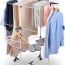 TOOLF Clothes Drying Rack, 3-Tier Collapsible Laundry Rack Stand Garment Drying Station with Wheels and 4 Hooks, Indoor-Outdoor Use, for Bed Linen, Clothing, Socks, Scarves White