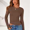 PRETTYGARDEN Womens Long Sleeve Shirts 2026 Fall Trendy Crewneck Slim Fit Asymmetrical Going Out Tops Ruched Tee Y2k Clothes (Brown, XL)