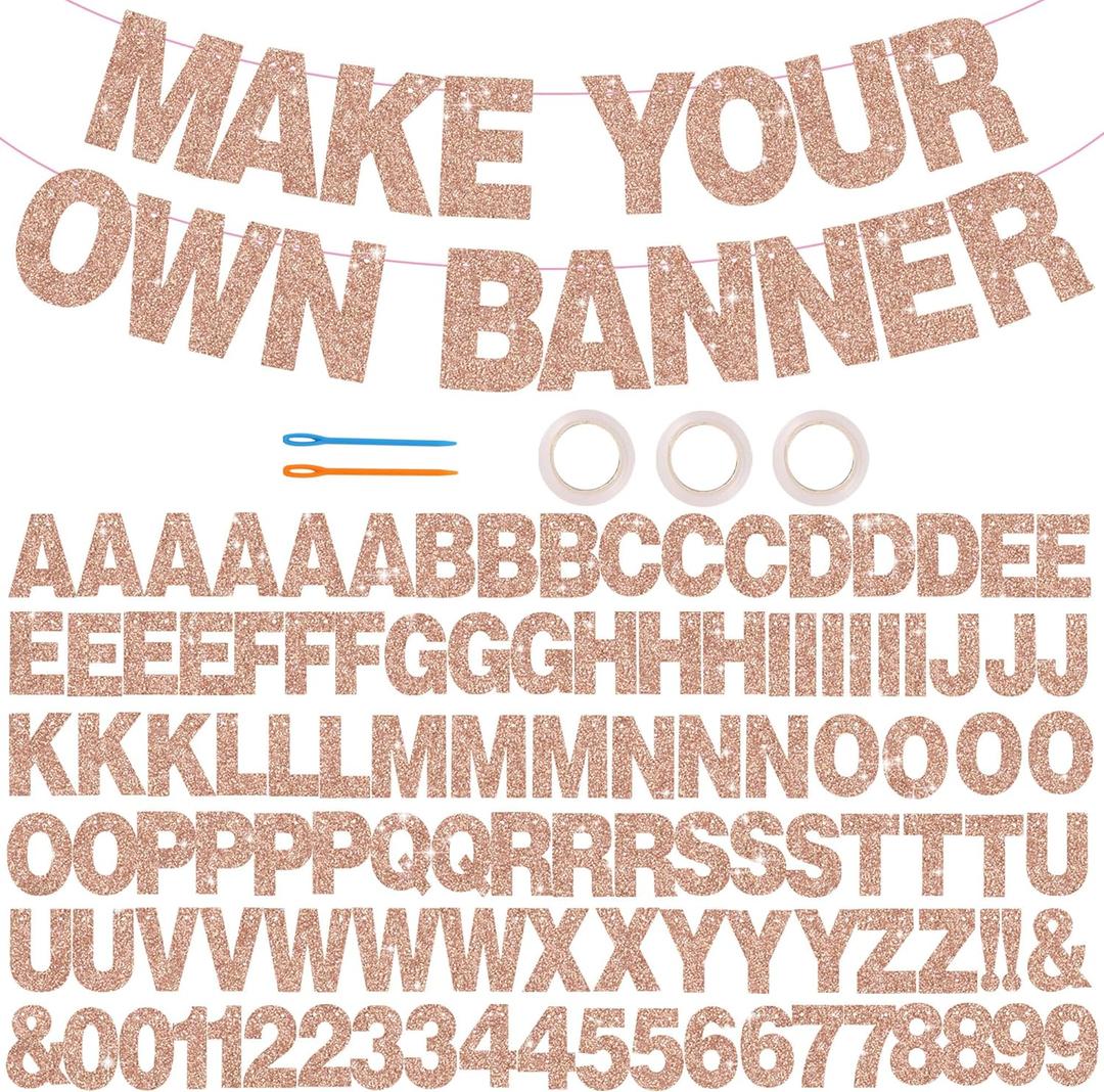 BEISHIDA 116 PCS A-Z Glitter Rose Gold DIY Letter Banner Kit Make Your Own BannerIncluding 111 Letters and Numbers 3 Rope and 2 Threading Device,Customized for Birthday Graduation Wedding Party Decor