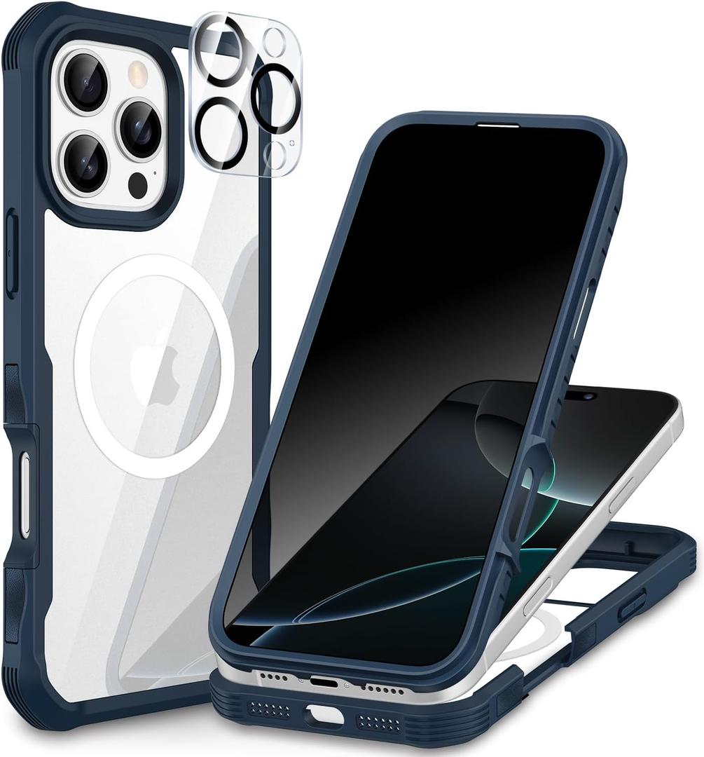 CENHUFO Magnetic Privacy for iPhone 16 Pro Max Case [Compatible with Magsafe] Full Body Phone Case Built-in 9H Tempered Glass Privacy Screen Protector Camera Lens Protector, Shockproof Cover -Blue