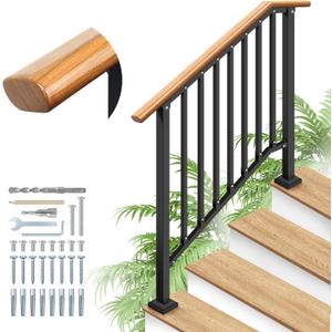 Hand Rails for Outdoor Steps 4-Step Railing Metal Wood-Grain
