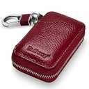 Buffway Car Key Chain Bag, Genuine Leather Car Keychain Coin Holder Metal Hook and Keyring Wallet Zipper Case for Auto Remote Key Fob - Cherry