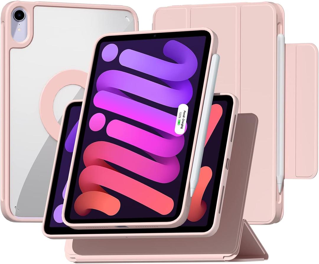 ZENLU iPad mini 6th 7th Generation Case with Removable Magnetic Folio Cover, Premium PU Leather, Multiple Angles, Pencil Charging Support, Full Protective Case for 8.3 inch iPad mini 6/7 (Pink)