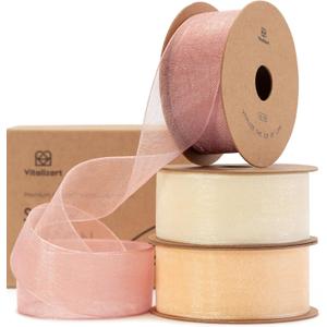 Vitalizart Cream & Rose Gold Organza Sheer Ribbon 1 inch x 30Yd Pink Ribbon Handmade Fabric Ribbons for Gift Wrapping Christmas Tree Crafts Bows Wedding Invitations Wreaths Wrap Peach