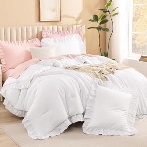 Litanika White Comforter Queen Size Set, 3 Pieces Ruffle Shabby Chic Farmhouse Women Vintage Aesthetic Bedding Set & Collections, Winter Fluffy Microfiber