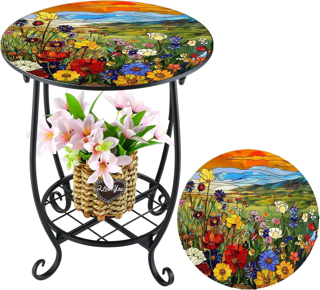Cinnvoice Outdoor Side Table Round Small Mosaic Patio Accent Indoor End Plant Coffee Tea Table for Yard Patio Porch Garden Living Room, Bedroom (Sunset Wildflowers Style, 12 Inch)