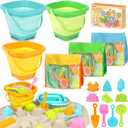 Dreamon Beach Toys for Kids 3-10, Collapsible Sand Toys Include 3 Pack Foldable Buckets with Mesh Bag, 24 PCS Beach Mold and Shovels Molds, Travel Sandbox Beach Toys for Toddler