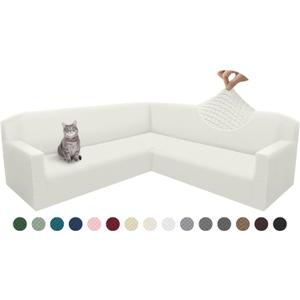 Arfntevss L Shaped Sectional Couch Cover Super Soft and Stretch Corner Universal Non Slip U Shape Slipcovers Feature Jacquard Design Furniture Protector with Foam Rods Elastic Bottom (Cream, Large)