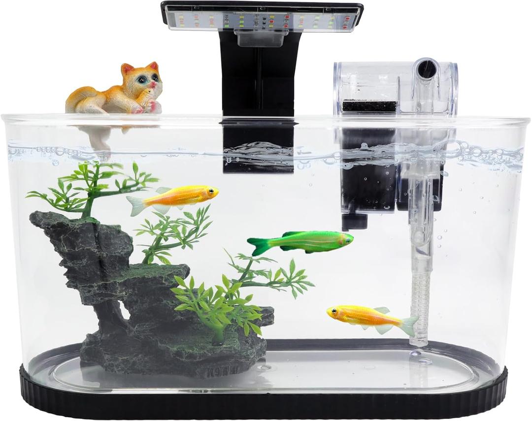 2.2 Gallon Fish Tank Kit, Small Aquarium Starter Tank with Filter and Light, Acrylic Nano Desktop Tank with Color-Changing LED & Decor - Complete Starter Kit for Betta Fish Shrimp Guppy Goldfish Beta