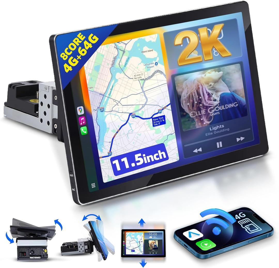 11.5 Car Stereo with Apple CarPlay, 2K Single Din Radio 4G+64G Android Auto Touch Screen,8 Core Wireless Car Play Audio Receivers Head Unit Display with Bluetooth/4G LTE/DSP/SWC/Mirror Link