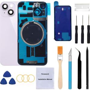 Rear Back Glass Replacement for iPhone 14 Plus 6.7-inches + Pre-Installed Plate and Camera Frame and Lens + Reparing Tool Kit (Purple)