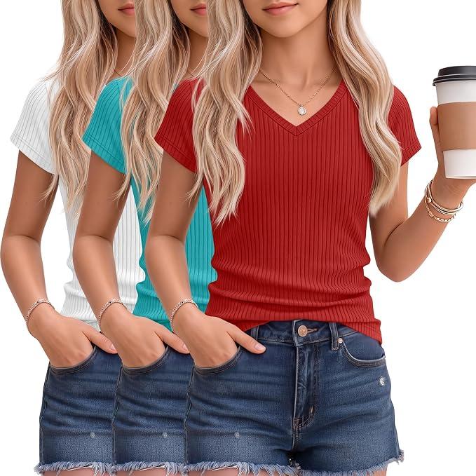 3 Pack Girls Shirts Kids V Neck Short Sleeve Ribbed Knit Tunic Tops Slim Fit Casual Cute Basic Summer Solid Tee 5-6Y