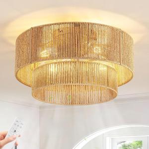 Boho Caged Ceiling Fan with Light Flush Mount, Handwoven Layered Rattan Fandelier with Remote Control & 6-Speed Reversible, Gold Low Profile Chandelier for Bedroom, Living Room, Girls Room, Nursery